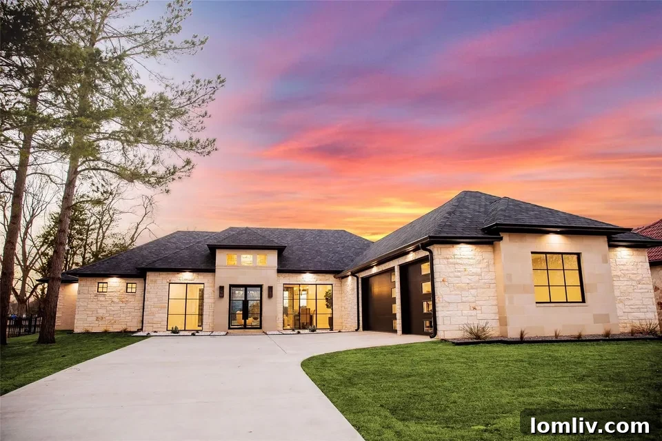 Aerial view of a stunning luxury home at 94 Ryder Cup Trail, Hideaway Lake, Texas, showcasing its location near lush green spaces and the tranquil community