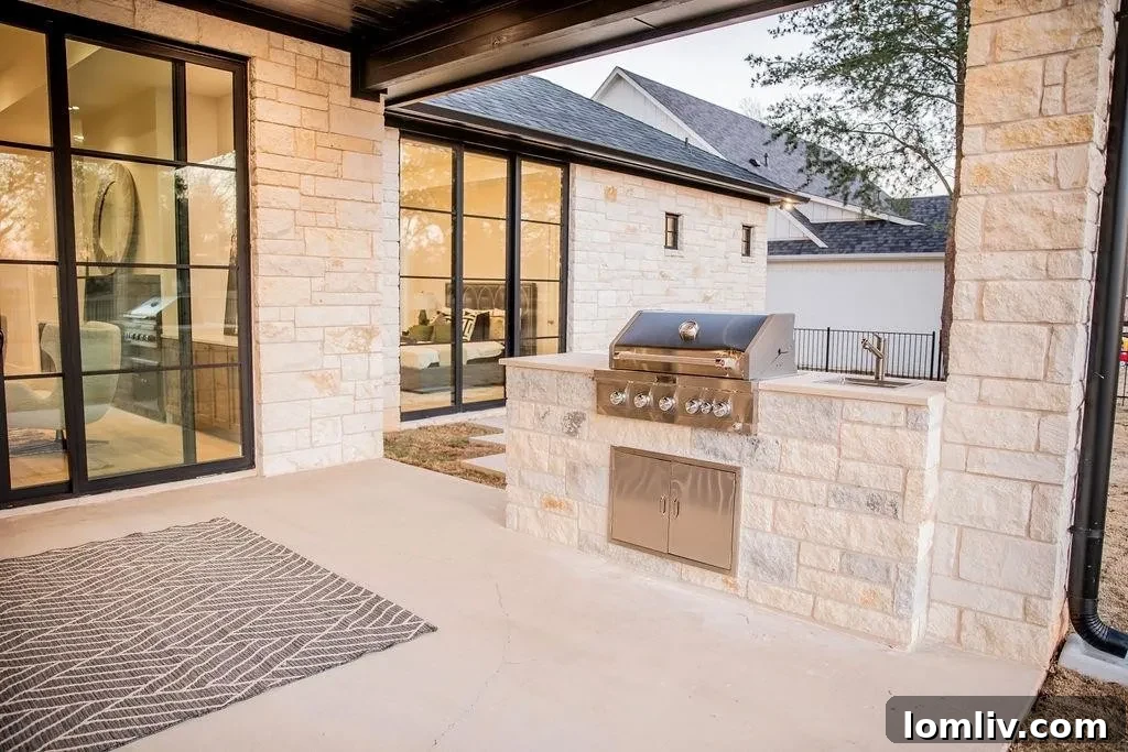 Covered patio with an outdoor kitchen featuring a five-burner Kitchenaid grill and sink, overlooking the golf course fairway