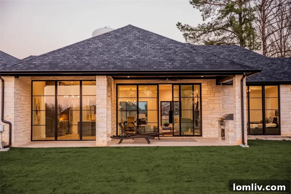 Expansive backyard view of the covered patio and outdoor kitchen, with stunning fairway views of the Hideaway Lake golf course