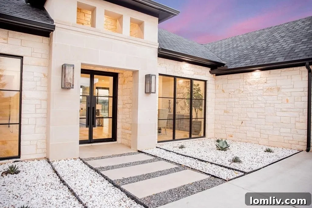 Grand entrance of 94 Ryder Cup Trail, showcasing custom glass and wrought iron door flanked by Bevolo gas lanterns and Austin chopped stonework