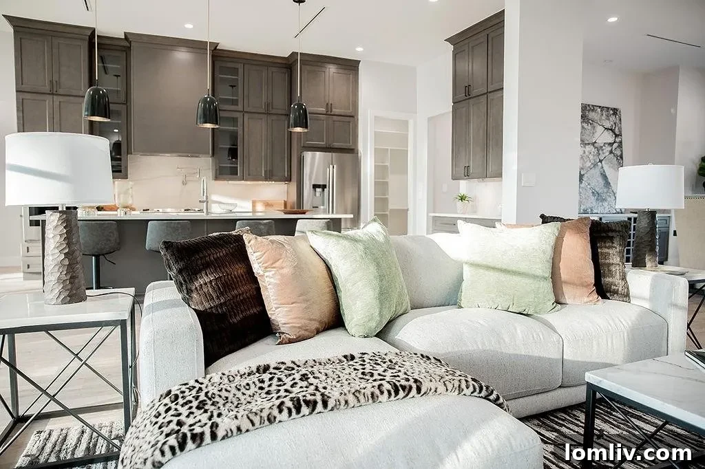 Another perspective of the living room, showing the ample space and natural light from the Quaker quartz windows