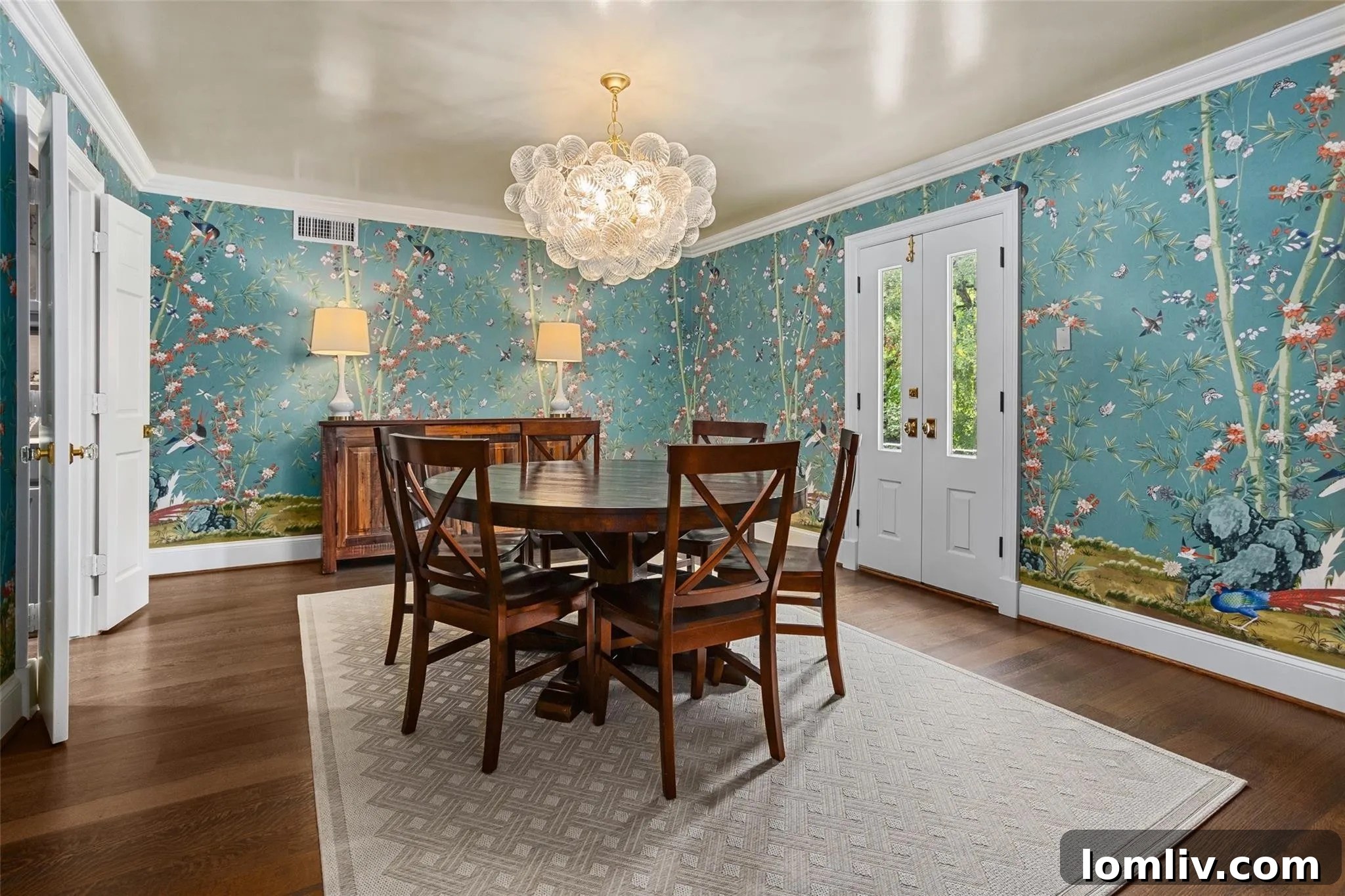 Elegant Dining Room with Aqua Schumacher Wallpaper