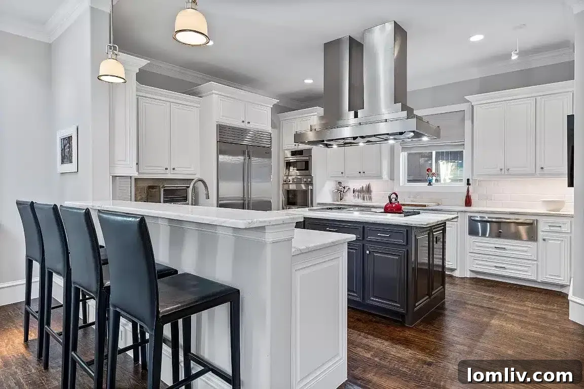 Modern kitchen with marble countertops and high-end appliances, ideal for an athlete's diet.