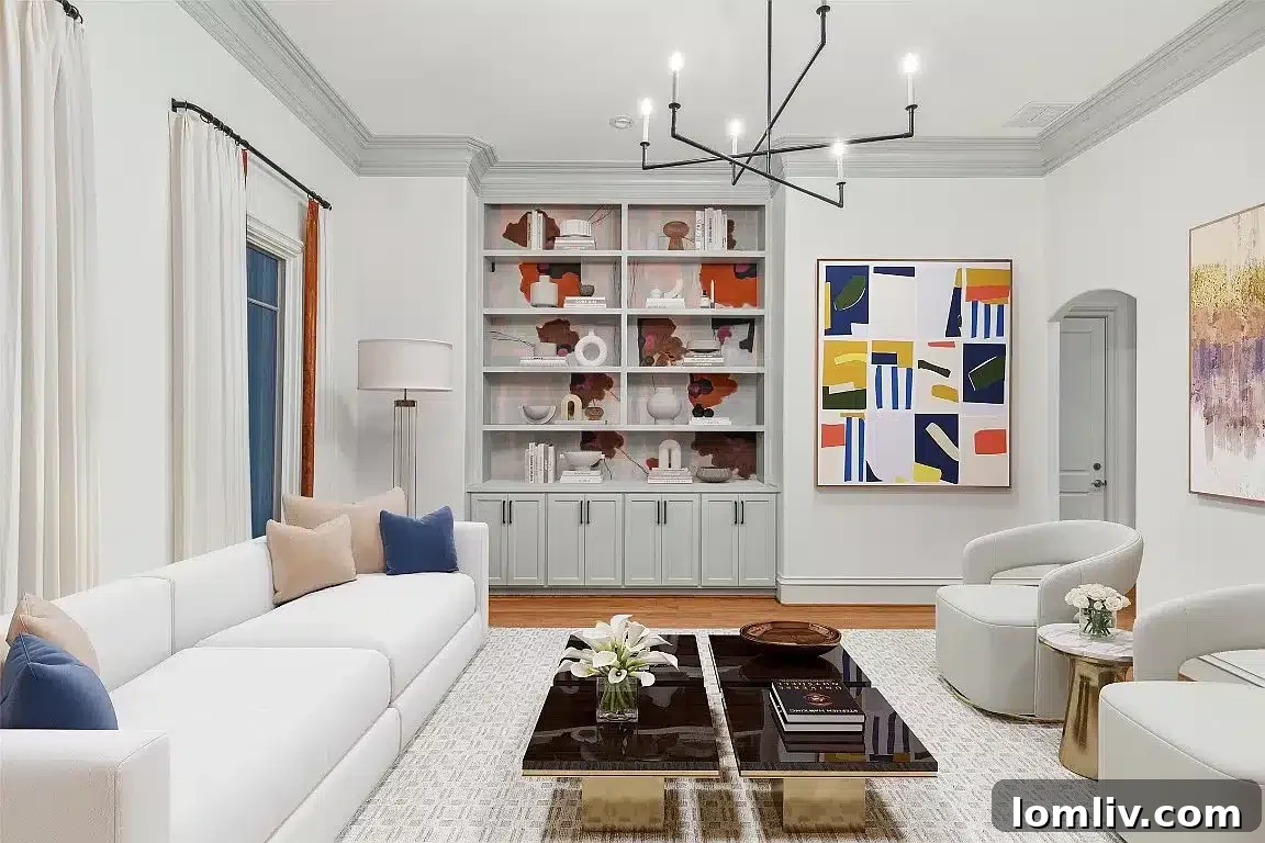 Spacious living area with built-in shelves and comfortable seating, ideal for conversation.