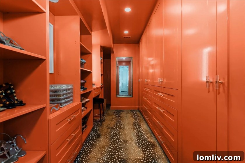 Stylish closet interior with ample custom storage solutions and vibrant color scheme