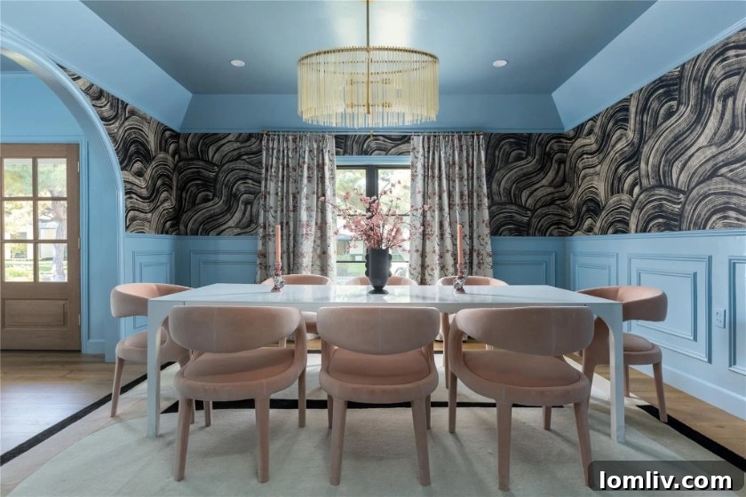 Elegant dining room interior with unique, modern wallpaper from Drop It Modern