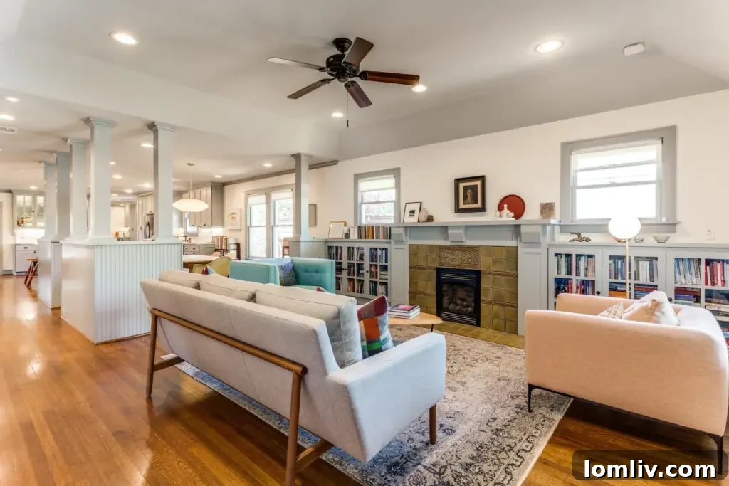 Cozy living area with a fireplace and refreshed built-in shelving