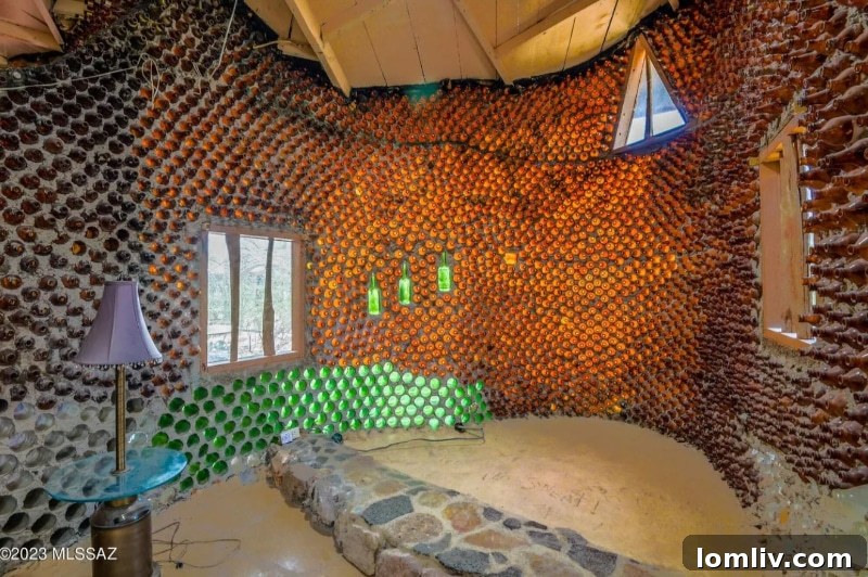 Detailed view of an interior wall section, showing a mosaic pattern of various glass bottles of different colors and shapes.