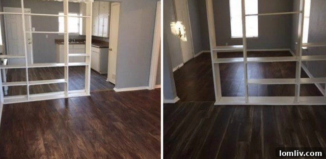 Living room with a charming built-in feature providing subtle separation.