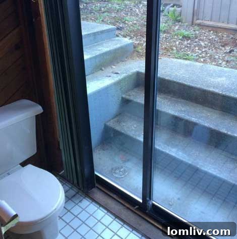 Outdoor toilet installation situated right next to a sliding glass door, blurring the lines between indoor and outdoor facilities.