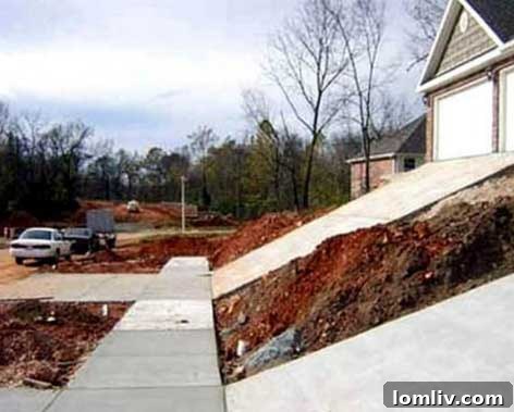 An extremely steep and winding driveway, posing a significant safety hazard and practical challenge for vehicle access.