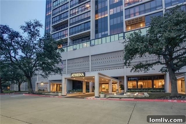 The Athena, a classic Dallas high-rise building exterior, built in 1966, offering renovation opportunities for spacious condominiums.