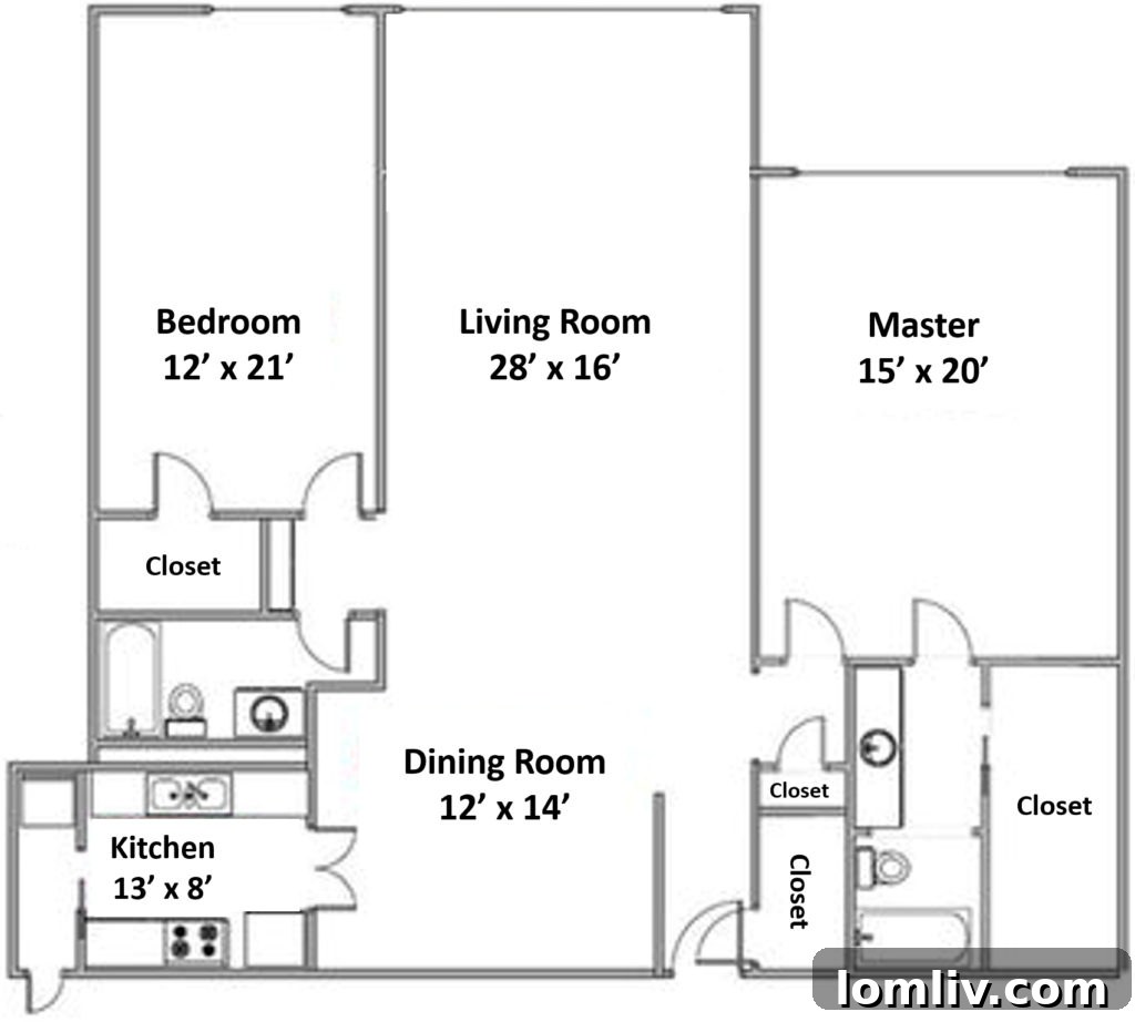 Basic floor plan of Athena Unit 1313 with the balcony already enclosed, showing distinct living, dining, and kitchen areas.