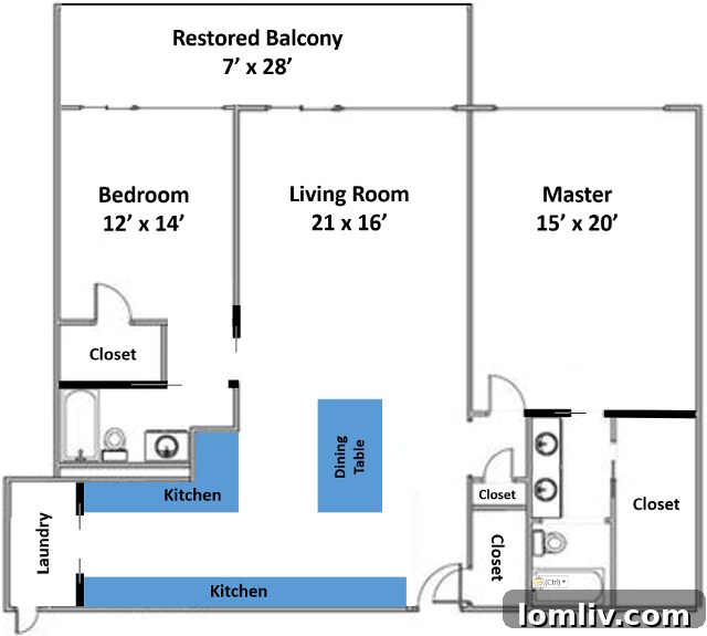 Reimagined floor plan for Athena Unit 1313, showing an open-concept kitchen, dining, and living area, with a new laundry room and improved bathroom layouts.
