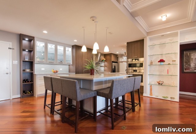 A gorgeously renovated kitchen and dining area in a similar Athena unit, showcasing a large island where the dining table once stood, and an open layout with the front door visible.