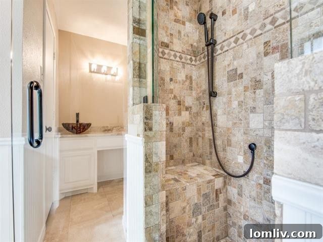Luxurious walk-in shower with modern tiling and glass enclosure in master bath