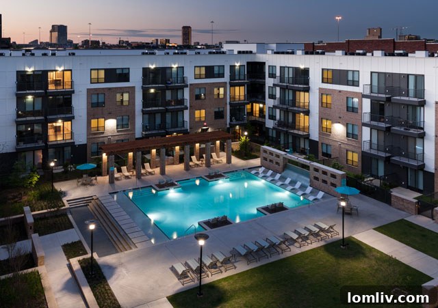 Dallas's Premier Apartment Pools 5 Rooftop pool with city views and lounge seating at Alta Farmer's Market, Dallas