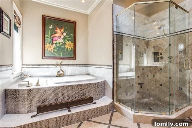 Luxurious master bedroom with fireplace and large windows