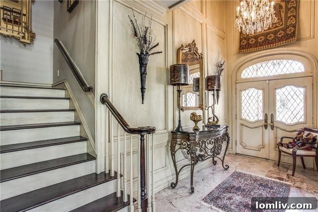 Elegant wooden staircase and crown molding in the entryway
