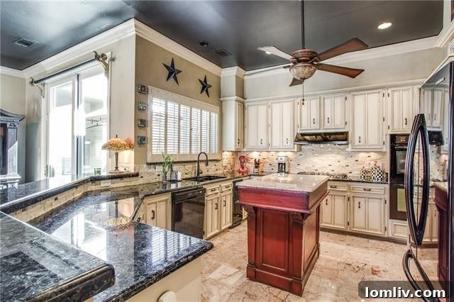 Gourmet kitchen with dark ceiling, granite countertops, and gas range