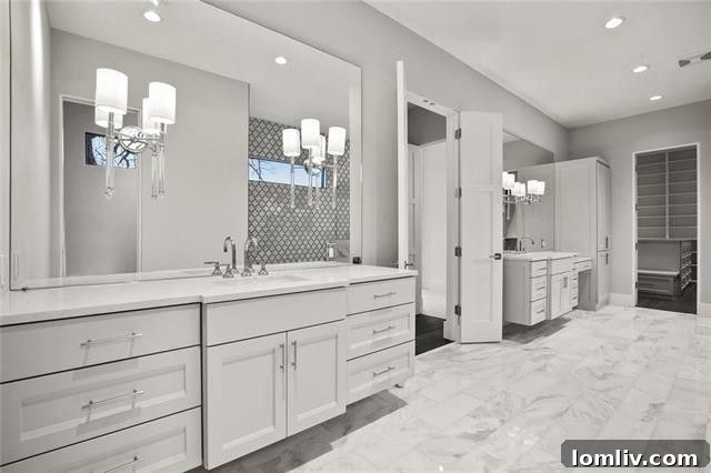 Impressive ensuite master bathroom with marble finishes and extensive storage in a luxury Dallas home.