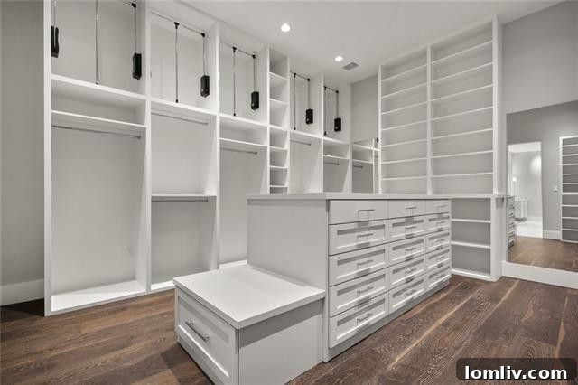 Expansive master walk-in closet with custom organization system, a true luxury.