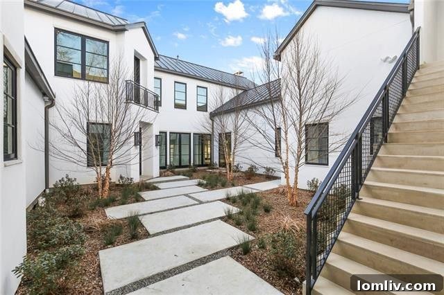 Interior view of the serene front courtyard at a luxury Dallas home.