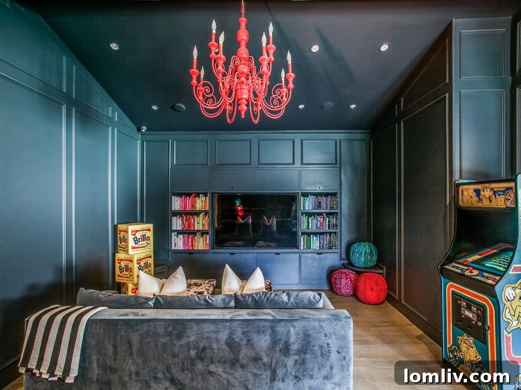 Game room with updated original chandelier at 6930 Brookshire