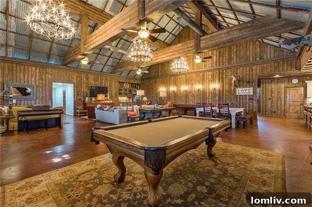Dallas Getaway: Bespoke Barndominium Estate on 10 Secluded Acres 7 Custom Chandeliers in Expansive Living Area