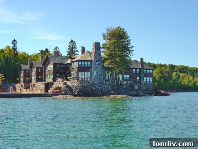 Granot Loma Lodge exterior showcasing its massive log construction by Lake Superior