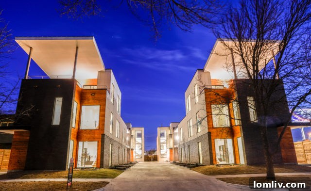 Knox View Home exterior facade with modern design elements and landscaping, evening view