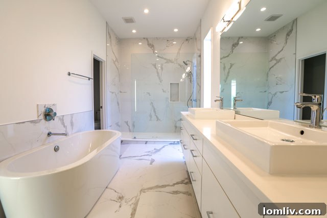 Sleek double-sink vanity in a modern master bathroom