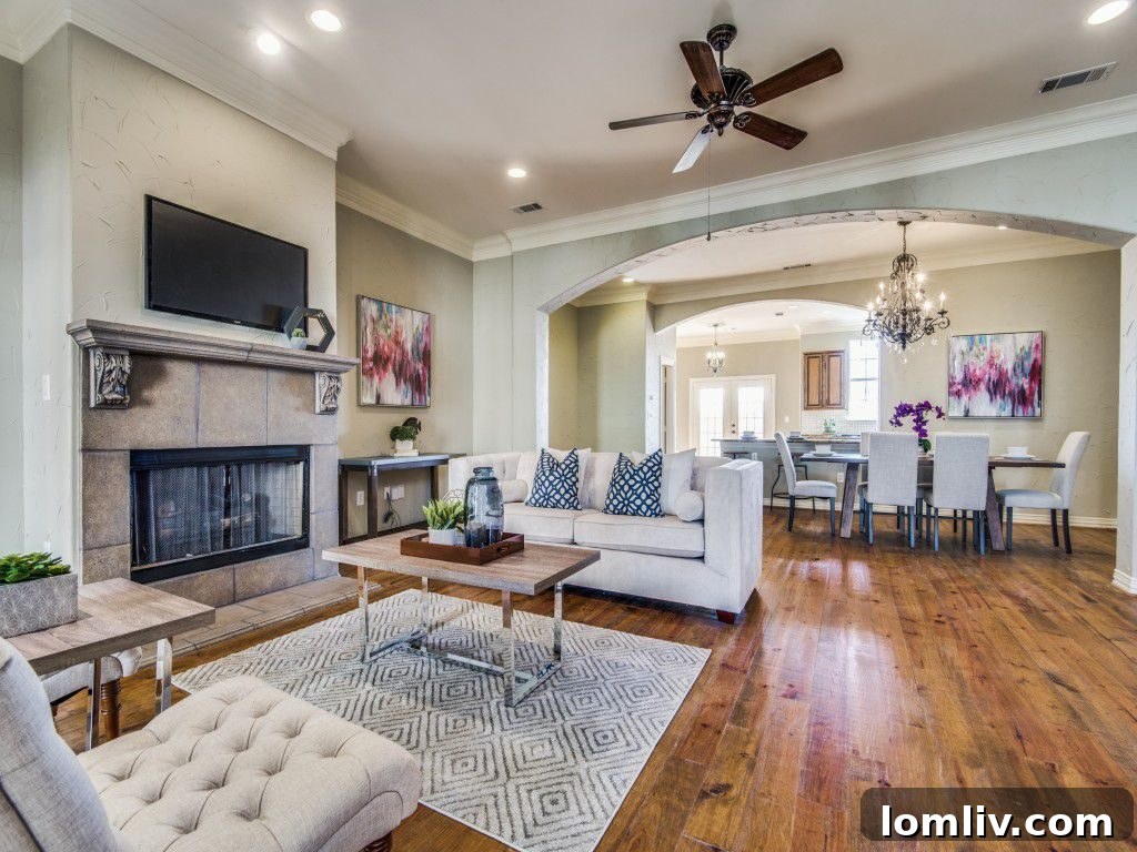 Open Concept Living Area with Venetian Plaster Fireplace and Archways