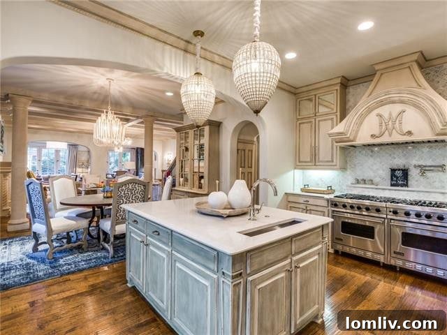 Exquisite Kitchen with Hidden Refrigerator Behind Antique French Church Windows