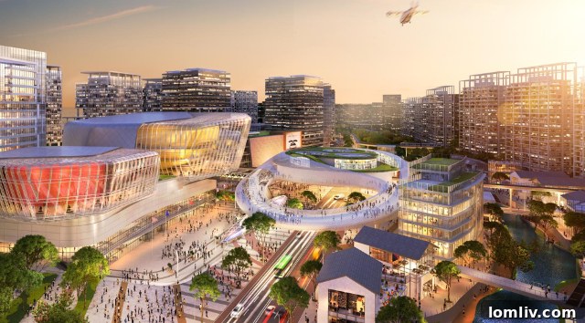 Another perspective of the Bao 5 and Bao 7 Transit Hub, highlighting vast interconnected spaces and green elements