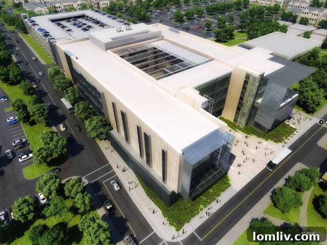 Proposed engineering building for the University of Texas in Richardson with extensive white roofs and surface parking