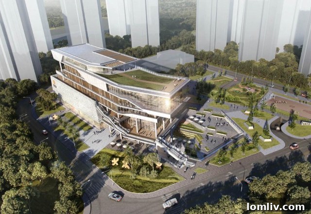 Aerial view of the Hangzhou Neighborhood Center, highlighting pervasive green terraces