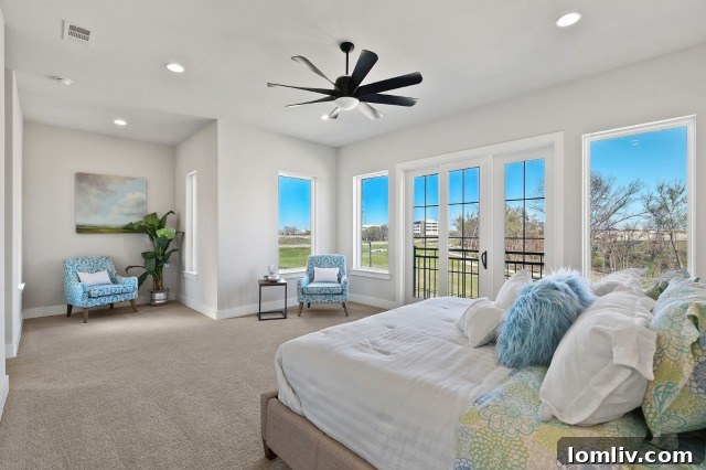 Large master bedroom with sitting area and French doors to balcony
