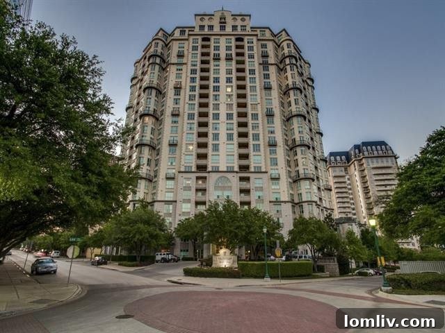 Exterior view of The Mayfair high-rise in Dallas