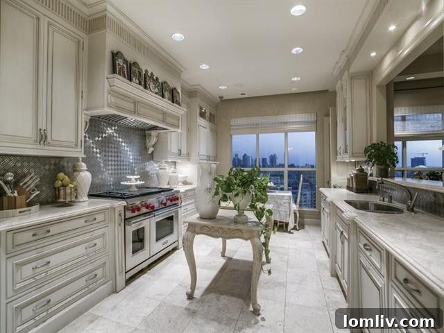 Luxury kitchen with custom cabinets and city views in Dallas penthouse