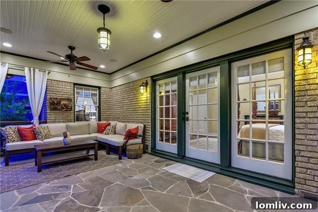 Covered porch with outdoor kitchen features