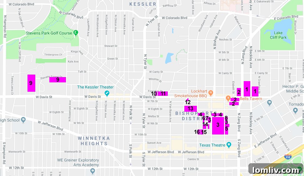 Map showcasing diverse real estate projects under construction in North Oak Cliff