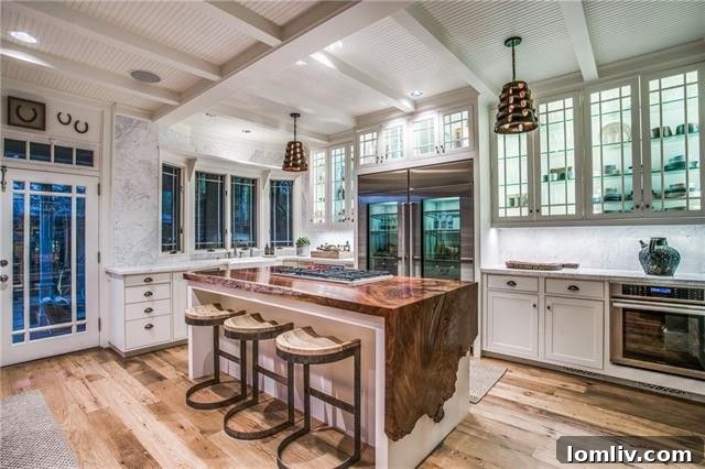 Exquisite Eclectic Prairie Home in Highland Park 11 Walnut Waterfall Island in Luxury Kitchen