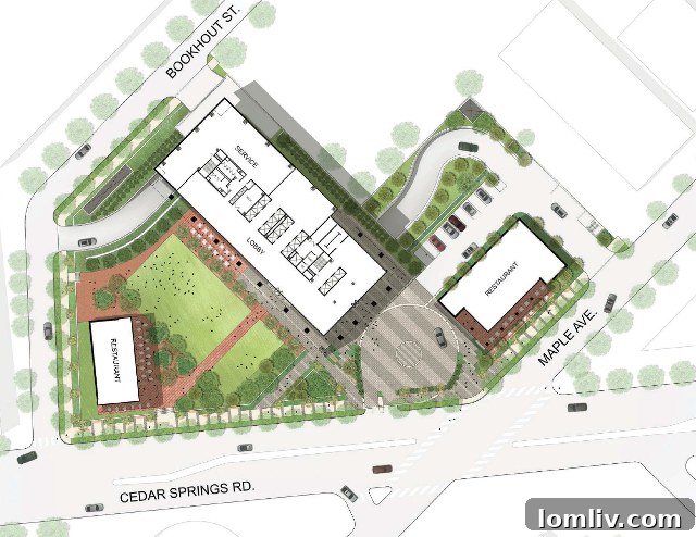 Oak Lawn Committee Envisions Signature Development Near Crescent Court 6 Green Space from Above