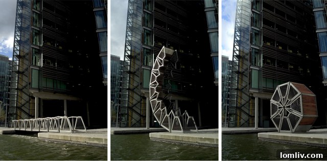 Heatherwick Studio's award-winning Rolling Bridge in Paddington Basin, London, in its closed state.