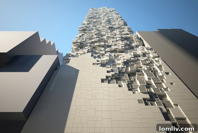 Concept rendering of Heatherwick Studio's proposed Kush Hotel in Hong Kong, an intricately articulated skyscraper with cutaway blocks.