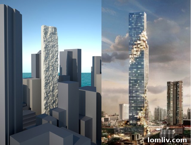 Comparison image showing the proposed Kush Hotel (left) with its solid, carved blocks, and MahaNakhon (right) with its pixelated facade.