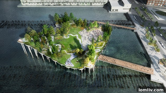 Concept rendering of Heatherwick Studio's proposed Pier 55 in New York, a stilted park on the Hudson River.