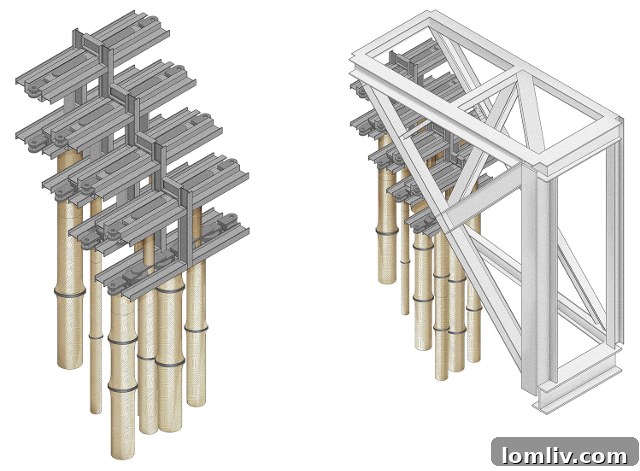 A close-up view of the intricate mechanism and tracks that control the moving bamboo-like curtain facade of the Bund Financial Center.