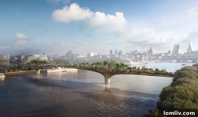 Concept rendering of Heatherwick Studio's proposed Garden Bridge over the Thames River in London, a pedestrian bridge covered in lush greenery.